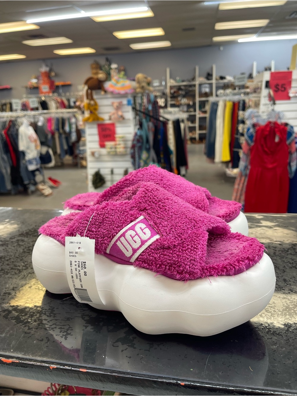 UGG Women's Sugarcloud Slide Sandals in a vibrant pink terry cloth material